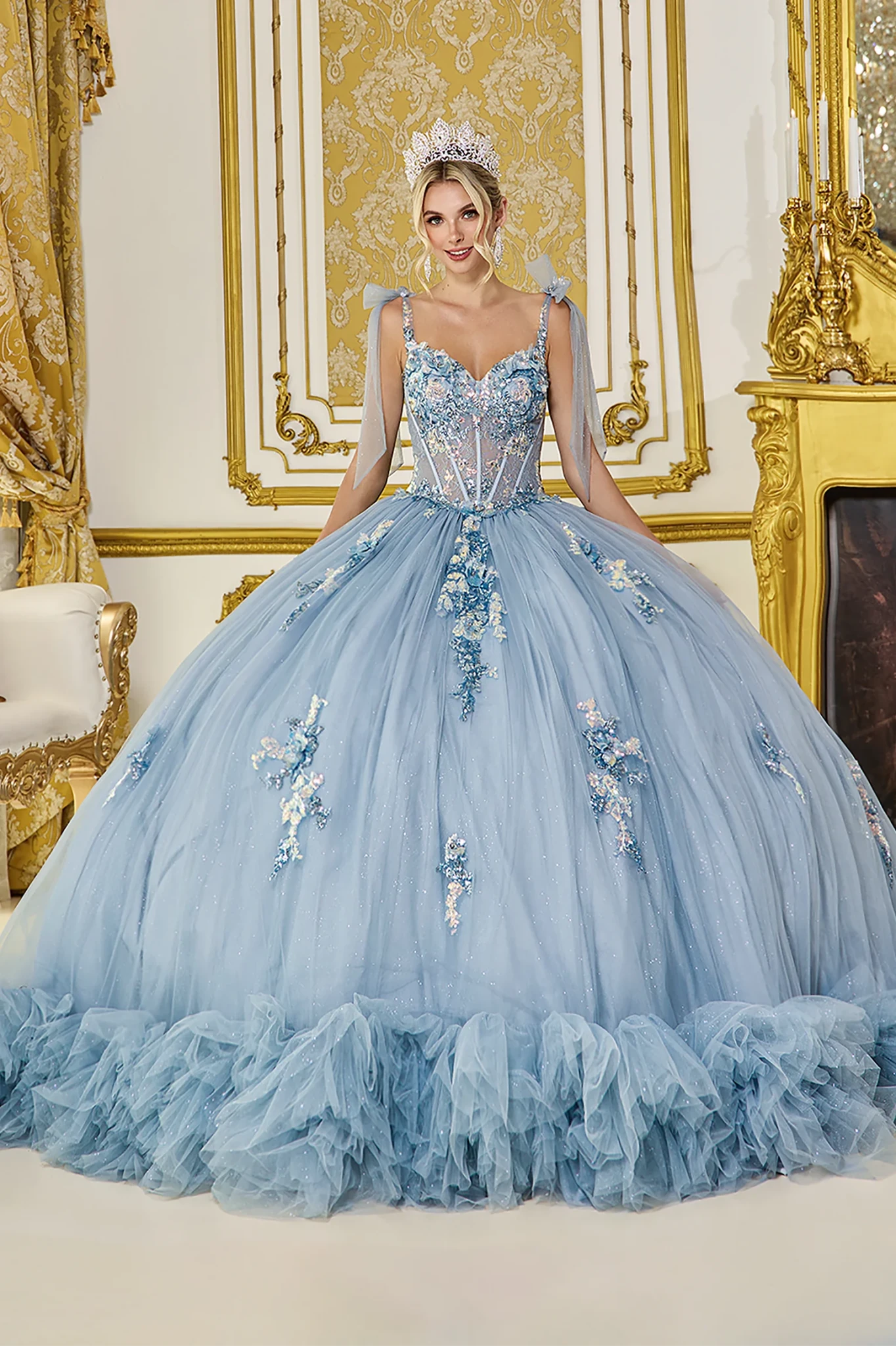 Dusty blue quinceanera ball gown with floral beaded corset and ruffled tulle skirt