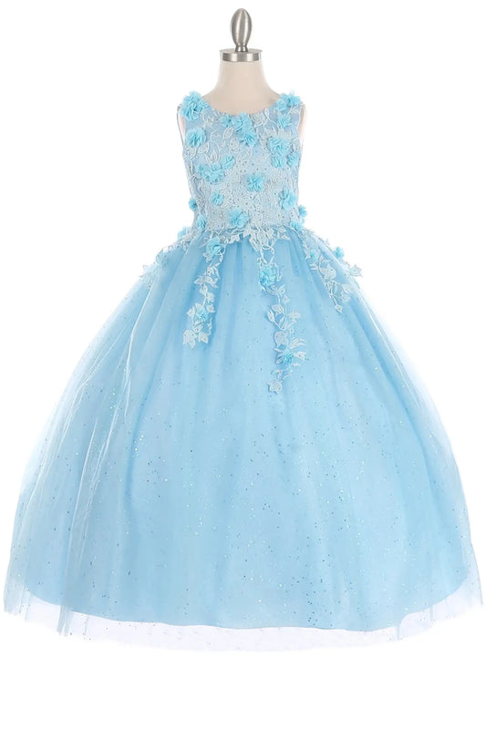 Front view of sky blue mini quince dress with 3D flowers rhinestones and shiny tulle skirt.