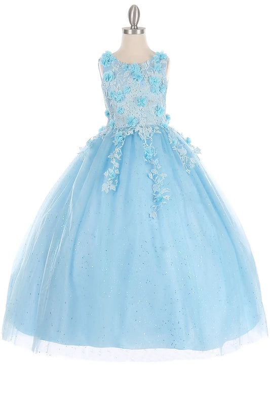 Blue mini quinceañera dress with shiny tulle fabric, 3D floral appliqués, and rhinestone embellishments on bodice