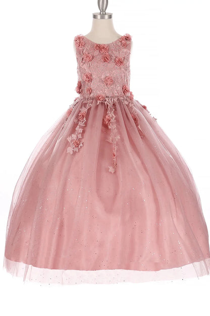 Close-up of dusty rose mini quince dress with shiny tulle layers 3D flowers and rhinestone accents