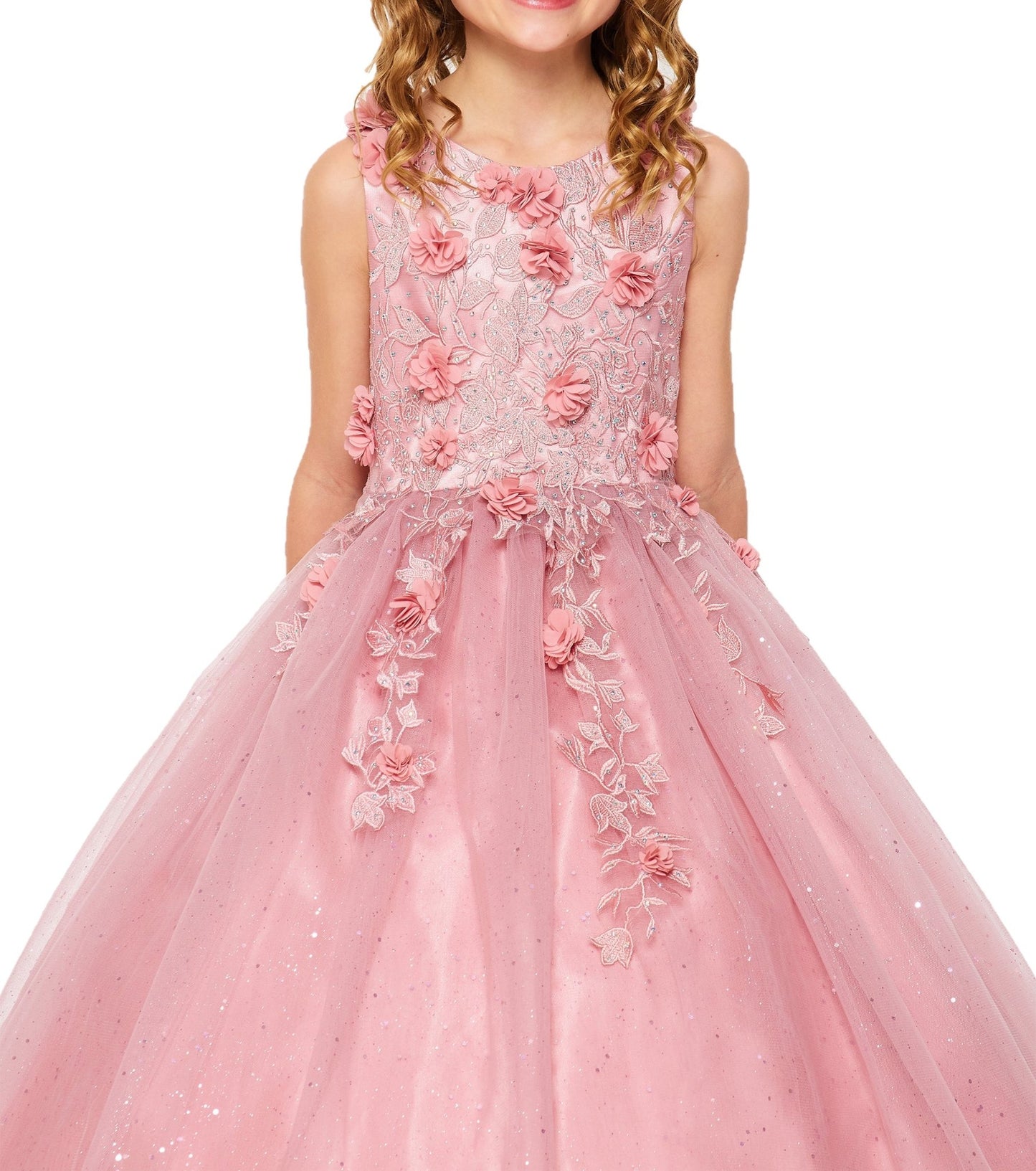 Kid wearing dusty rose mini quince dress with 3D flowers rhinestones and shiny tulle bodice detail