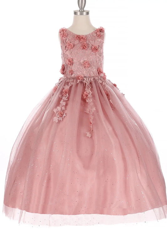 Close-up of dusty rose mini quince dress with shiny tulle layers 3D flowers and rhinestone accents