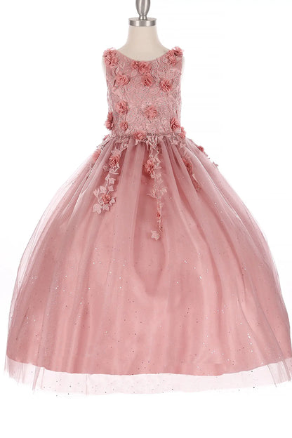 Dusty Rose mini quinceañera dress fabric with shiny tulle layers, 3D flowers, and rhinestone sparkle accents