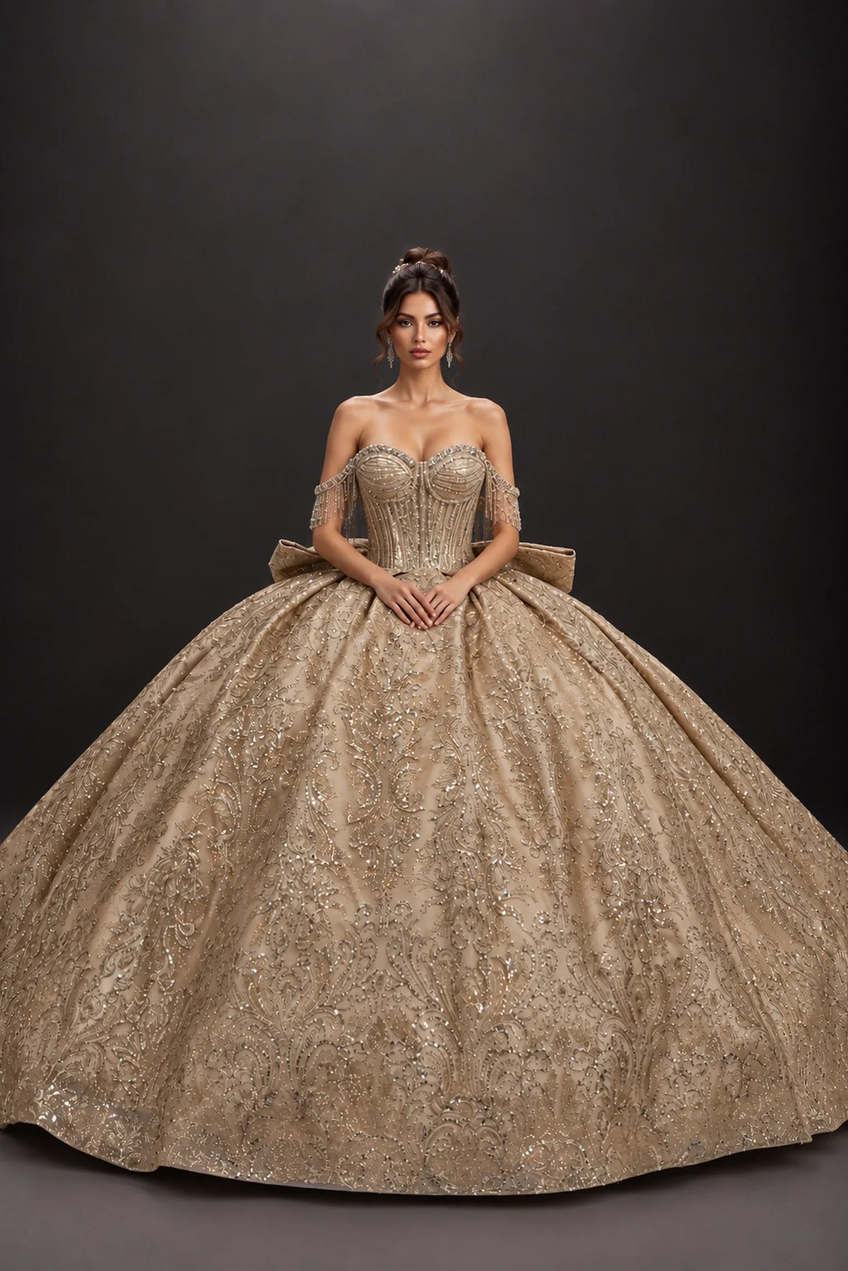 Gold metallic embroidered quinceanera dress with beaded fringe sleeves, full front view