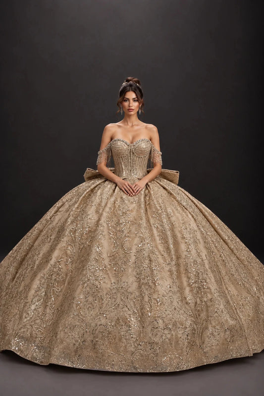 Gold metallic embroidered quinceanera dress with beaded fringe sleeves, full front view