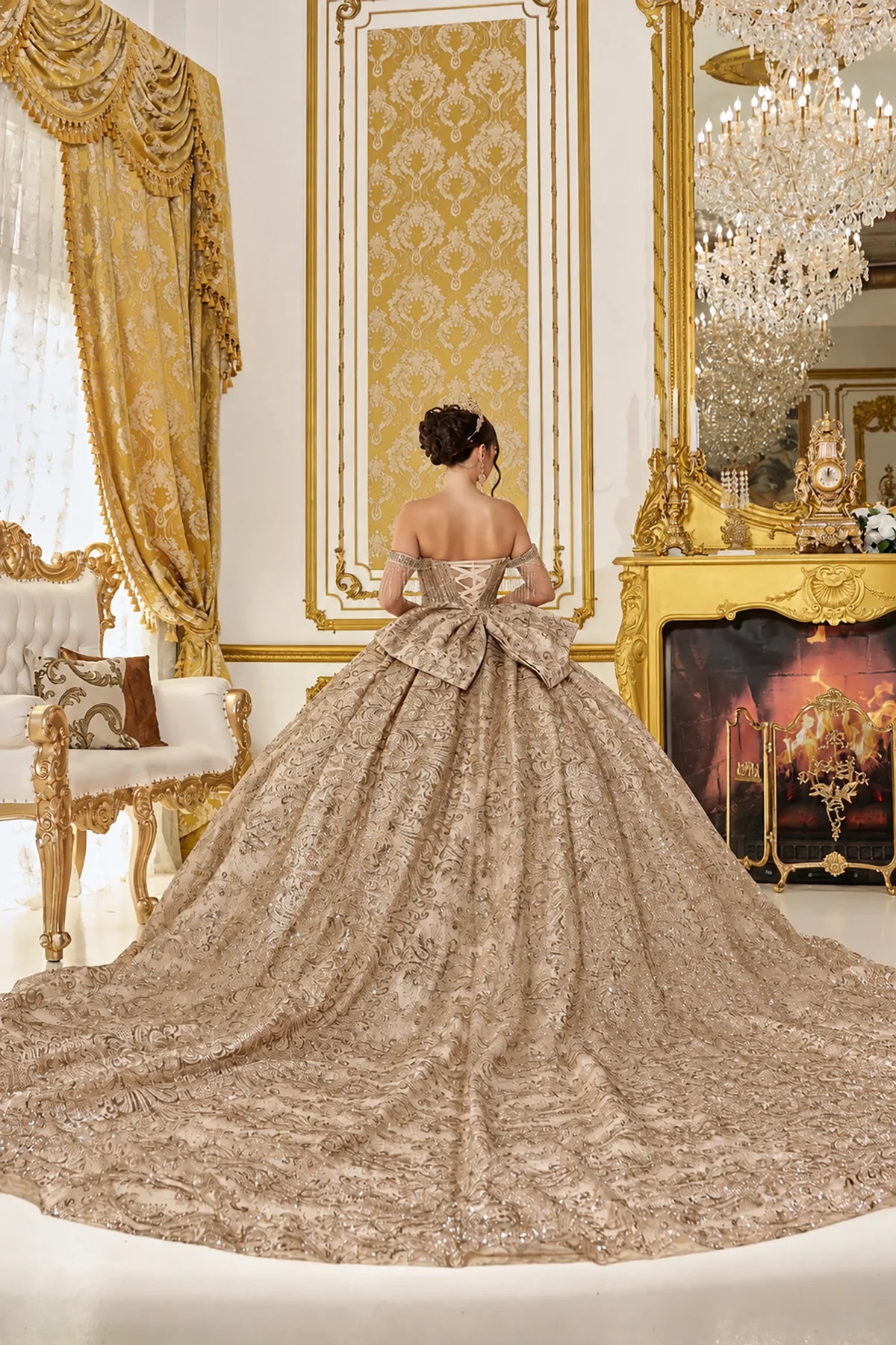 Gold metallic embroidered quinceanera dress with lace-up back and bow, full back view