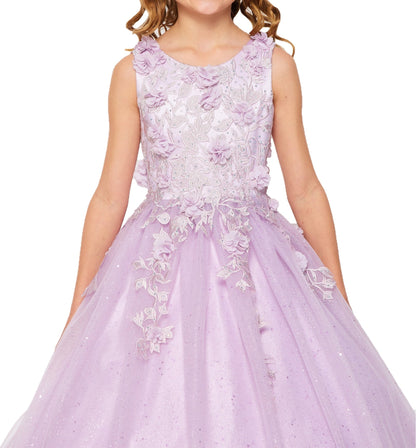 Kid wearing lilac mini quince dress with 3D flowers rhinestones shiny tulle bodice detail