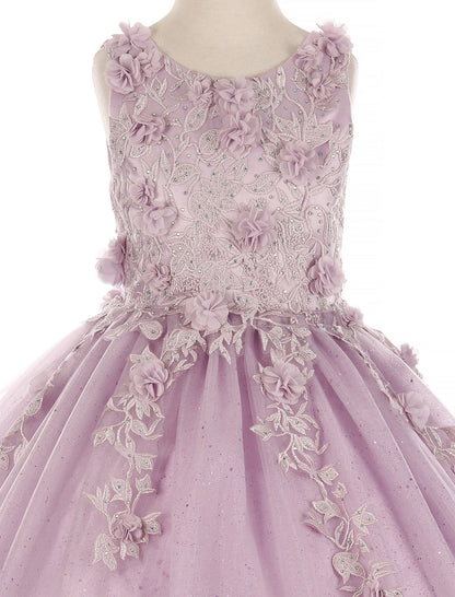 Mannequin wearing lilac mini quince dress with 3D flowers rhinestones shiny tulle bodice detail