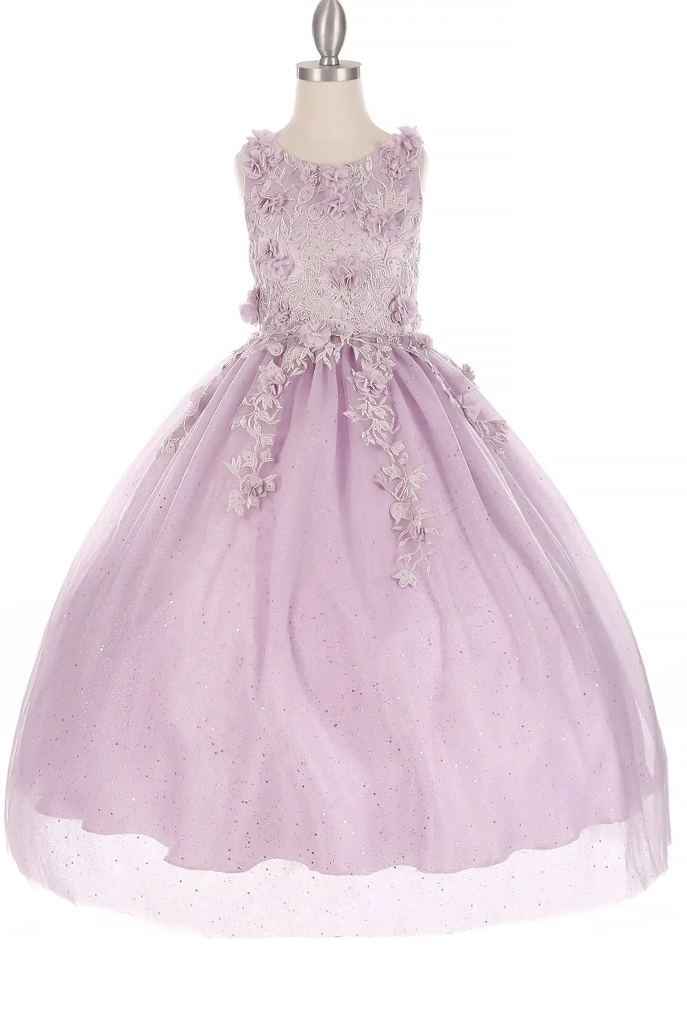 Front view of lilac mini quince dress with 3D flowers rhinestones shiny tulle and A-line skirt.