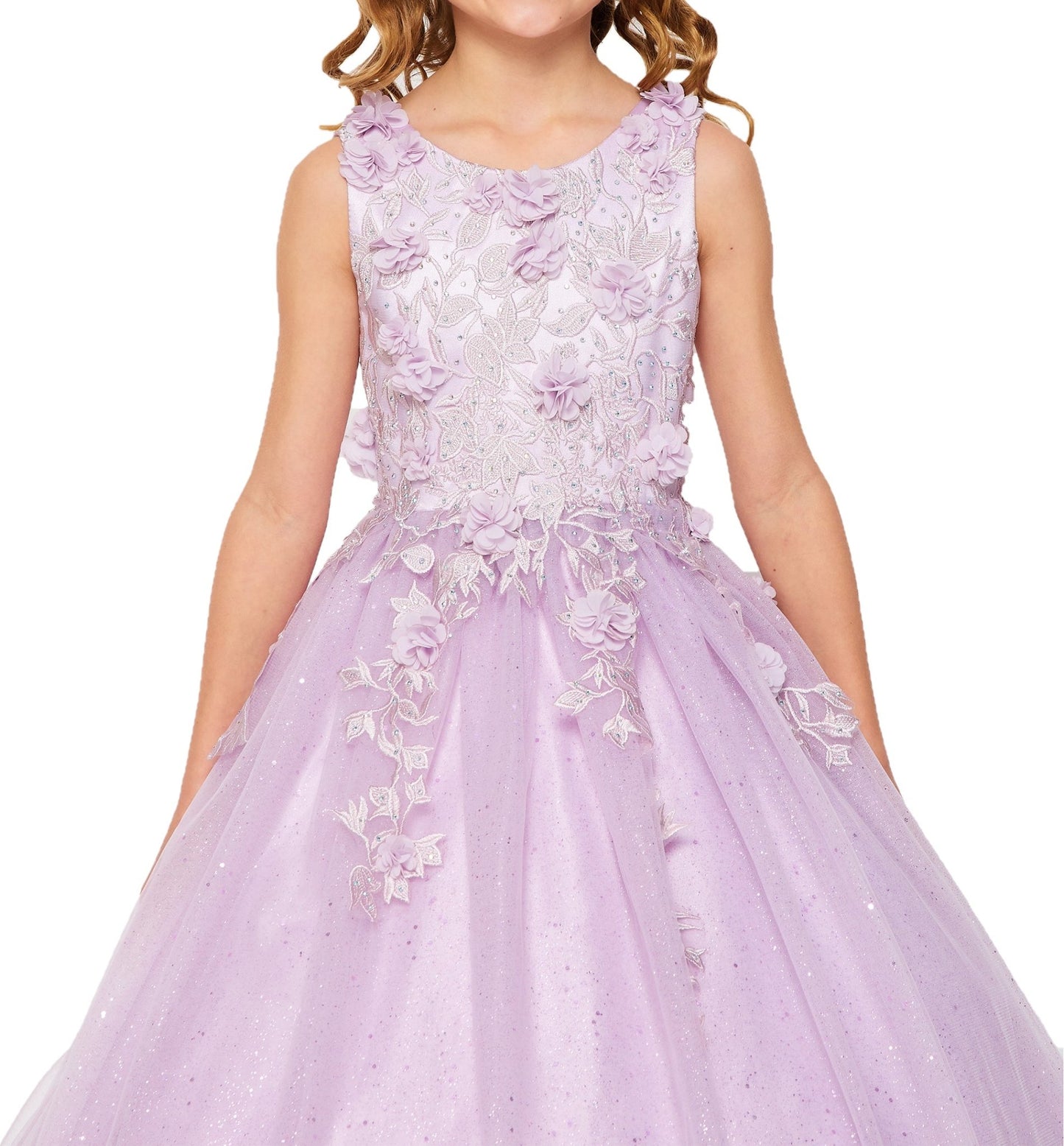 Lilac mini quince dress with 3D flowers rhinestones shiny tulle bodice detail.