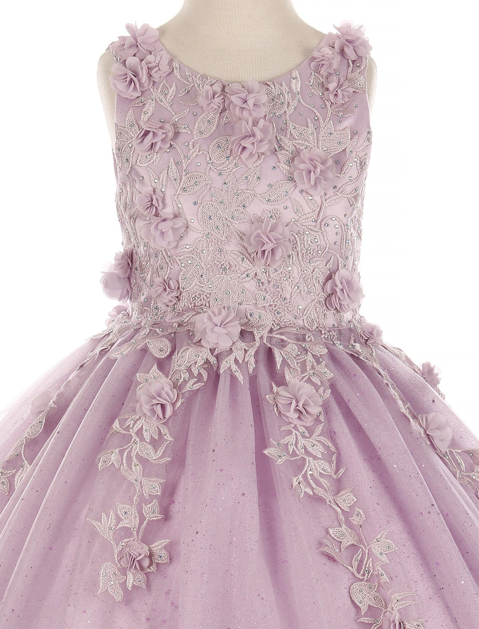 Front view of Lilac Kids Dress with 3D Flowers and Rhinestones with Shiny Tulle, Mini Quince Dress.