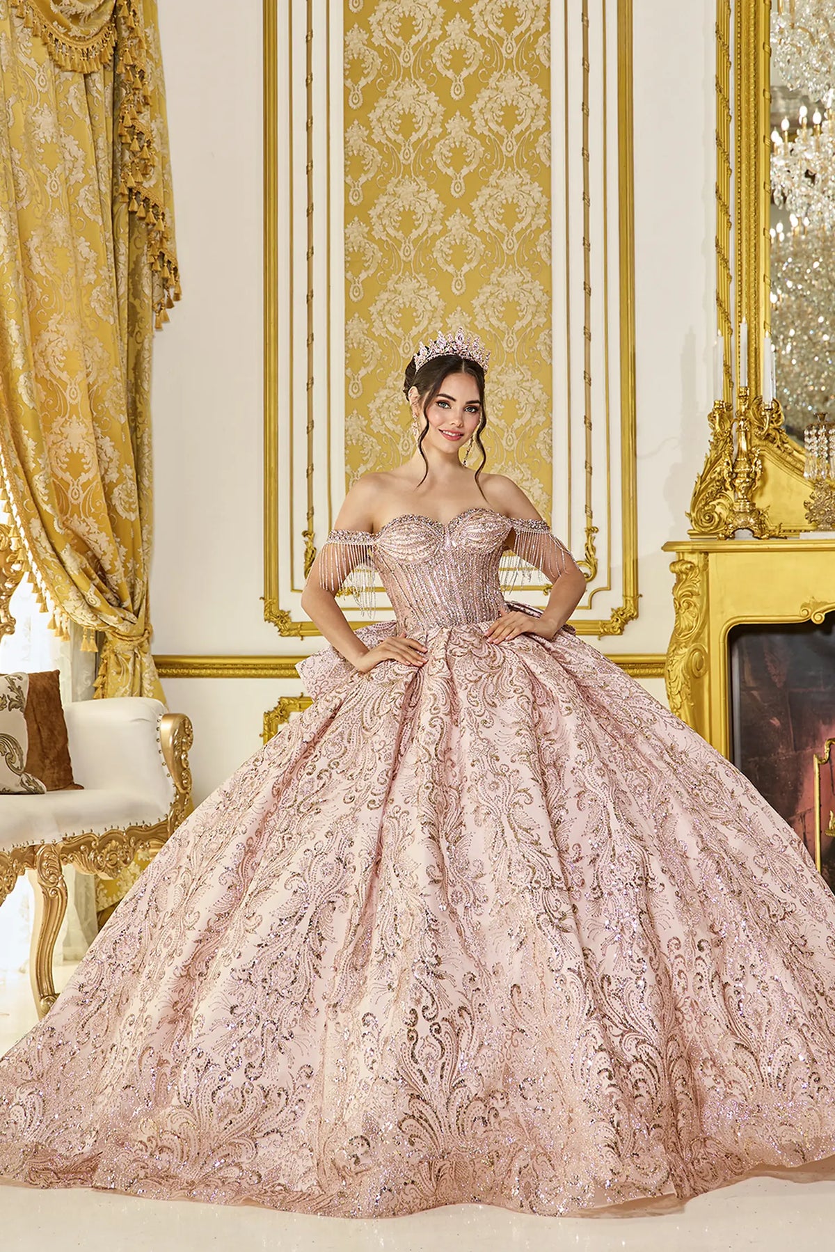 Rose Gold metallic embroidered quinceanera dress with beaded fringe sleeves, full front view