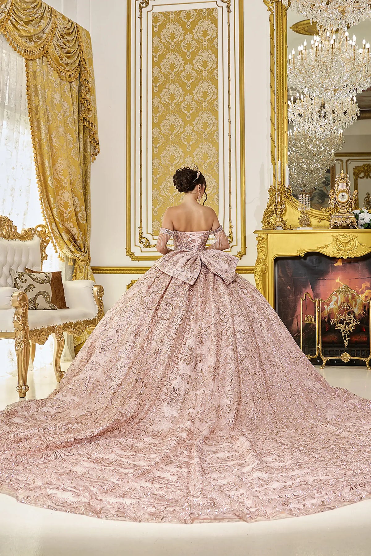 Rose Gold metallic embroidered quinceanera dress with lace-up back and bow, full back view