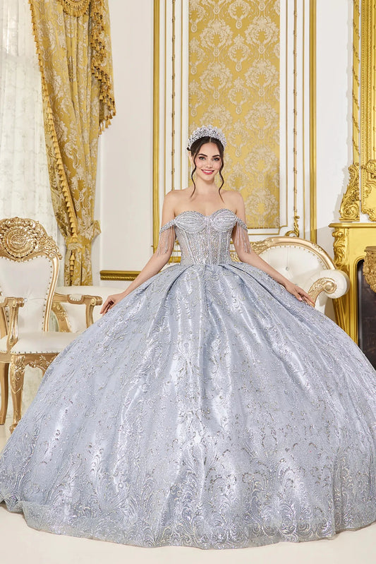 Silver metallic embroidered quinceanera dress with beaded fringe sleeves, full front view