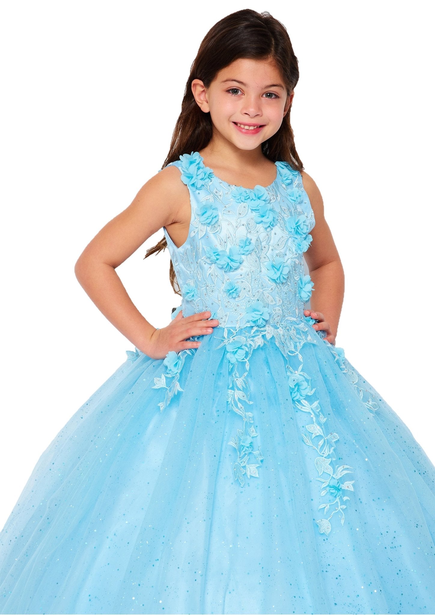 Kid wearing sky blue mini quince dress with 3D flowers rhinestones and shiny tulle bodice detail