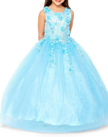 Kid wearing sky blue mini quince dress with 3D flowers rhinestones and shiny tulle skirt