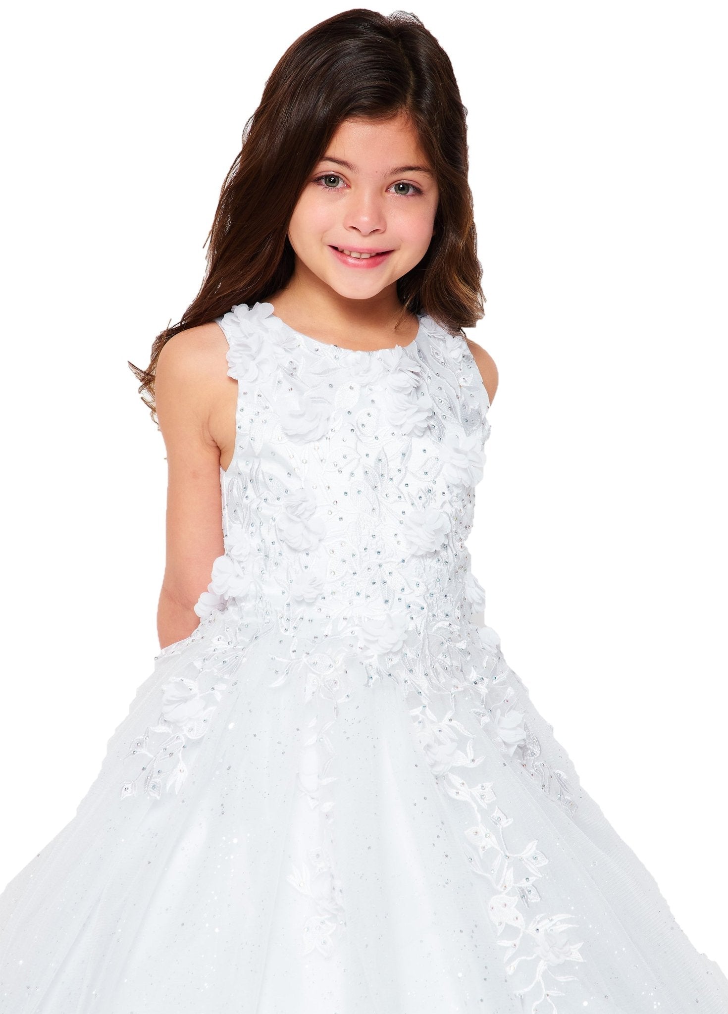 White mini quince flower girl dress with 3D flowers rhinestones and shiny tulle bodice detail. Also suitable as a mini quince dress.