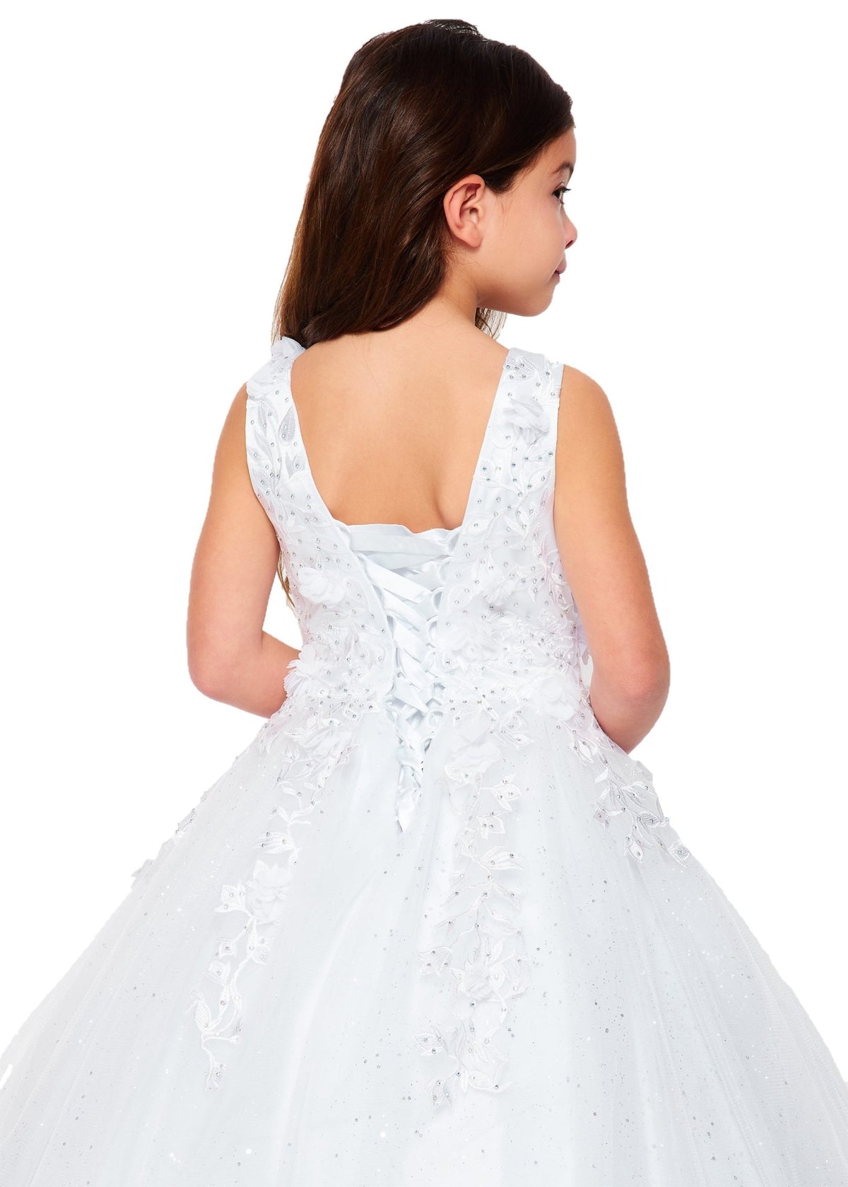 White mini quince flower girl dress with 3D flowers rhinestones shiny tulle skirt and back detail. Also suitable as a mini quince dress.