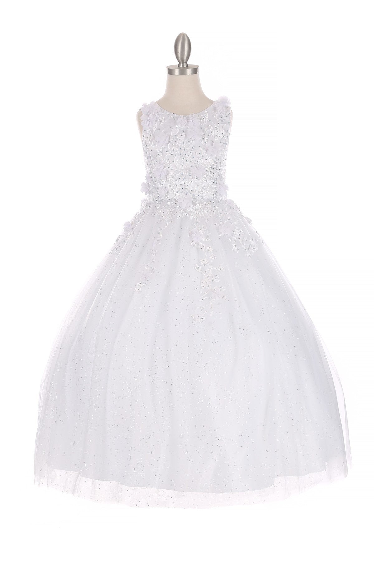 Front view of white mini quince flower girl dress with 3D flowers rhinestones and shiny tulle skirt. Also suitable as a mini quince dress.