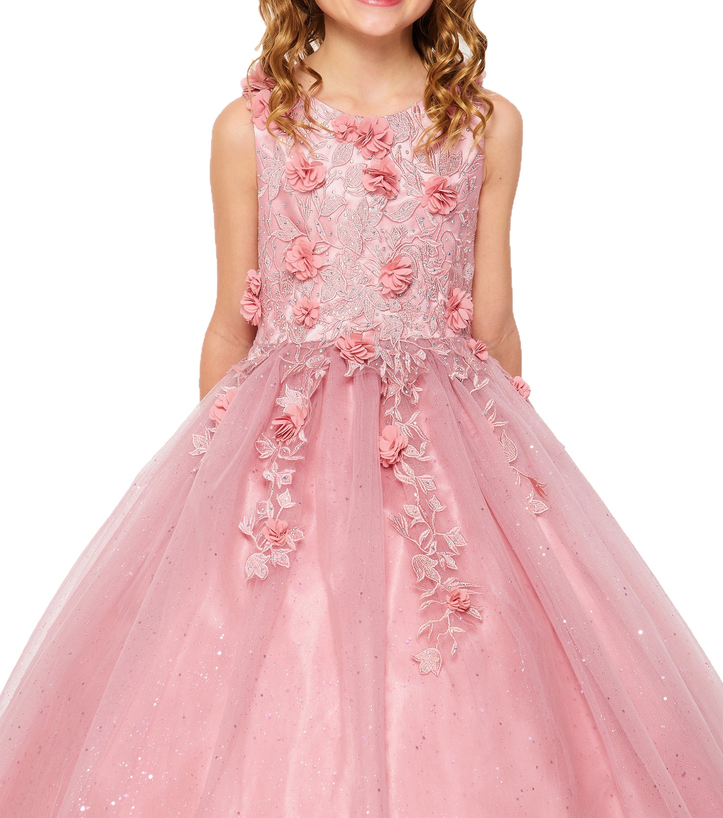 Mini Quince | Dusty Rose 3D Flowers, Rhinestones with Shiny Tulle 3 Anos Mini Quinceanera Dress | Celeste dress | 4 Colors Available front zoom