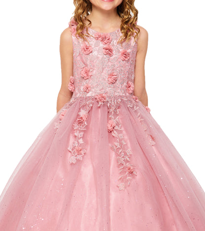 Mini Quince | Dusty Rose 3D Flowers, Rhinestones with Shiny Tulle 3 Anos Mini Quinceanera Dress | Celeste dress | 4 Colors Available front zoom