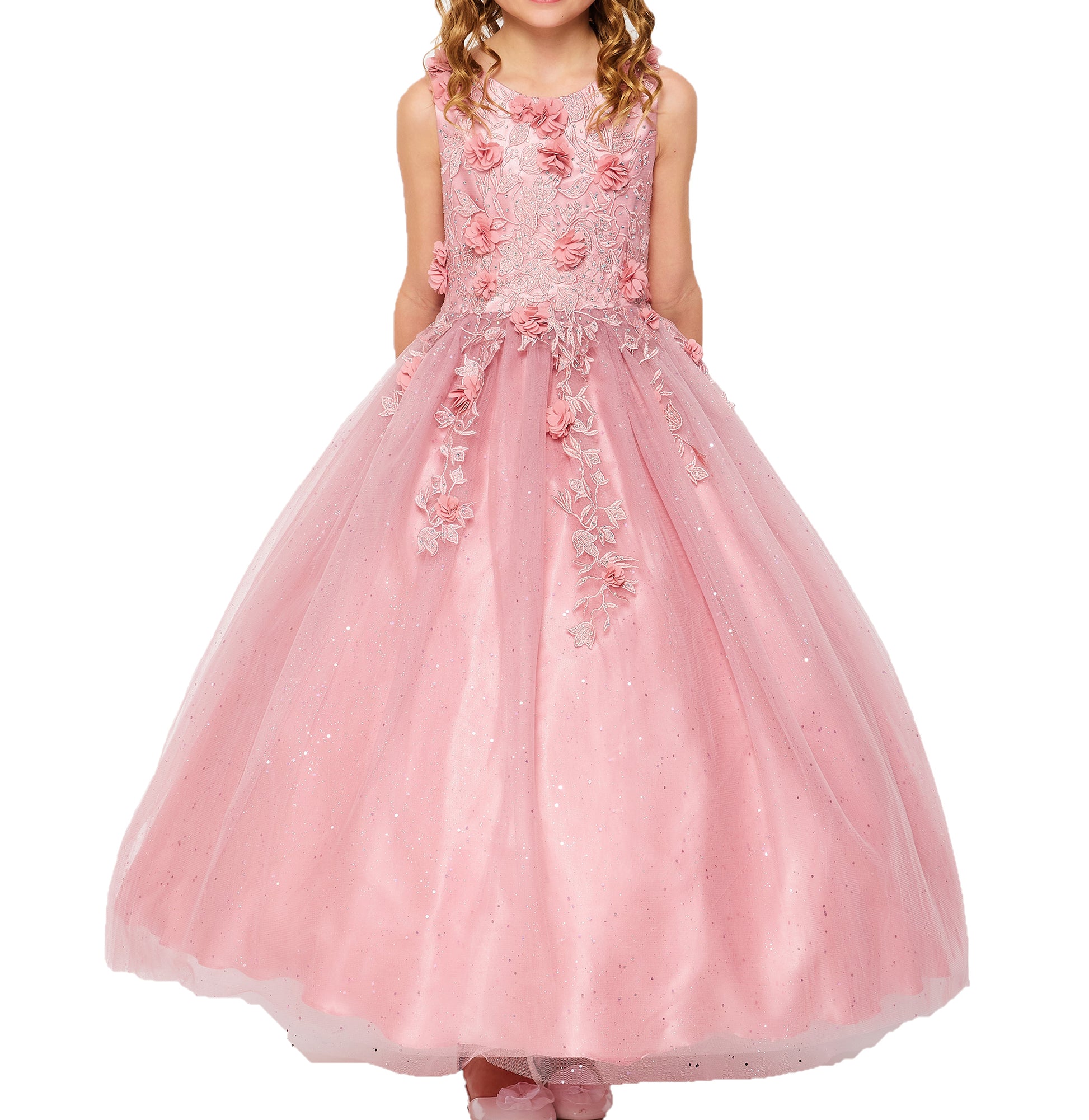 Mini Quince | Dusty Rose 3D Flowers, Rhinestones with Shiny Tulle 3 Anos Mini Quinceanera Dress | Celeste dress | 4 Colors Available front