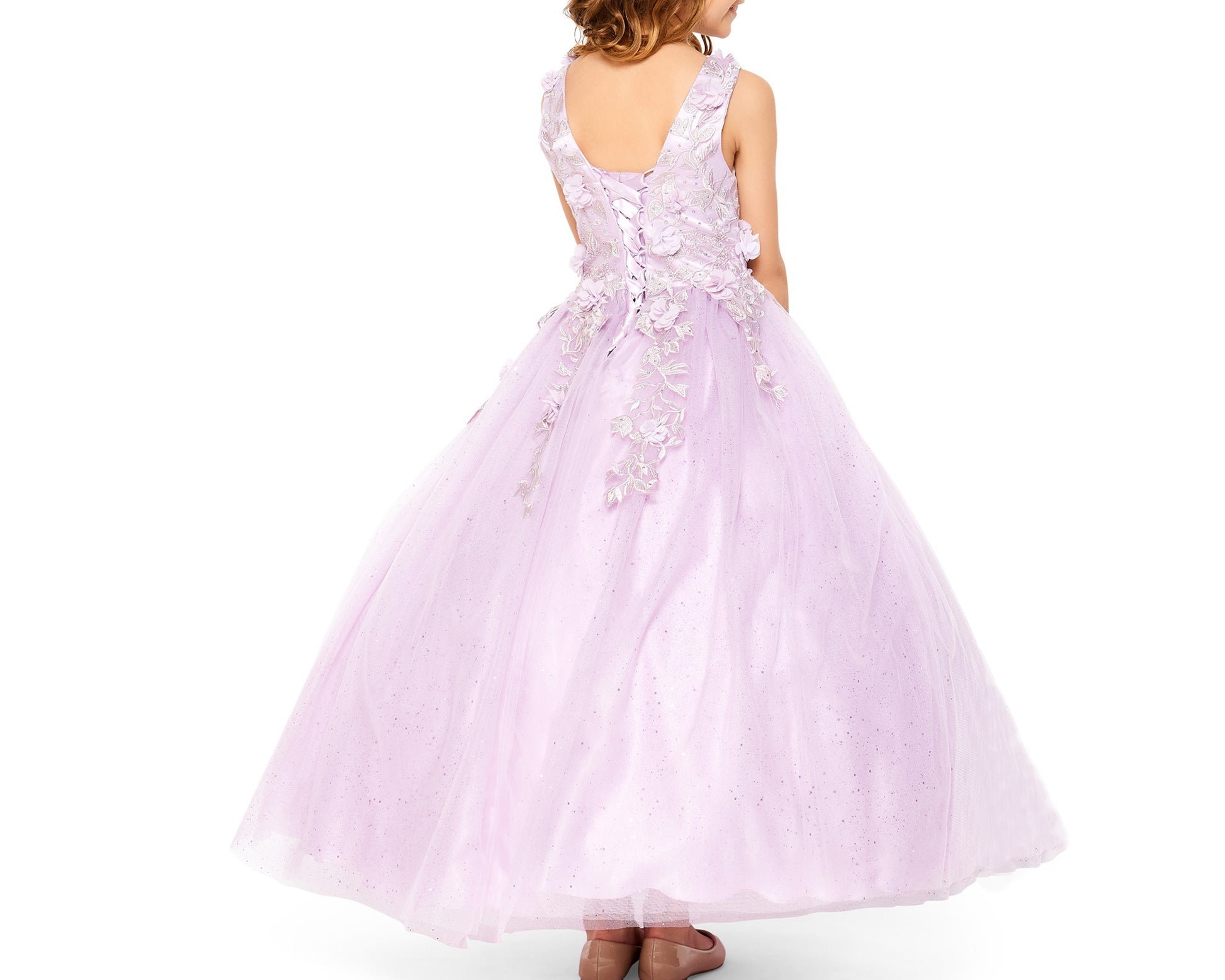 Mini Quince | Lilac 3D Flowers with rhinestones, sparkling shiny tulle floor length dress with spaghetti back | Flower Girl Dress | Mini Quince Dress | Celeste dress | 4 Colors Available back view