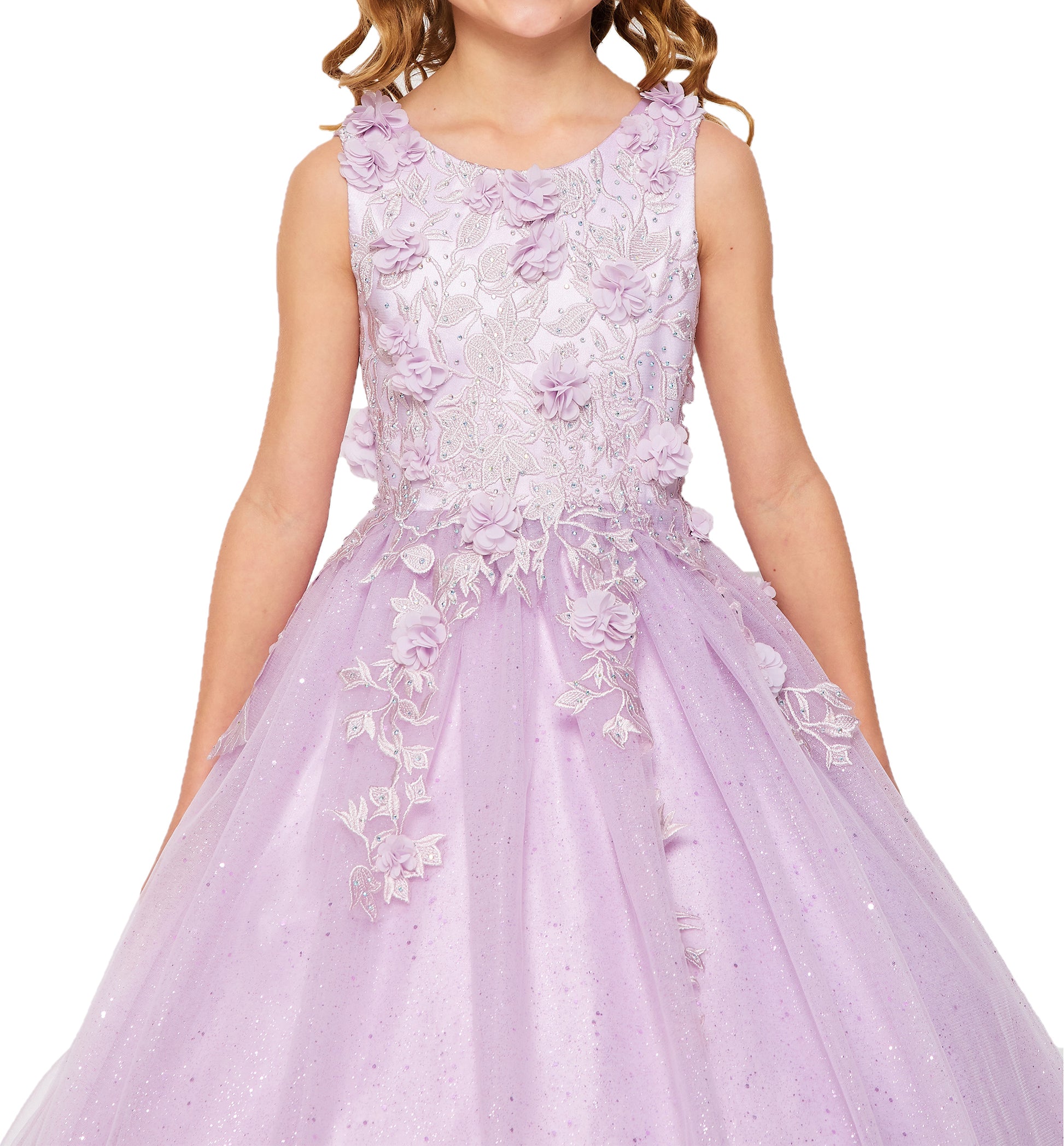 Mini Quince | Lilac 3D Flowers with rhinestones, sparkling shiny tulle floor length dress with spaghetti back | Flower Girl Dress | Mini Quince Dress | Celeste dress | 4 Colors Available front zoom