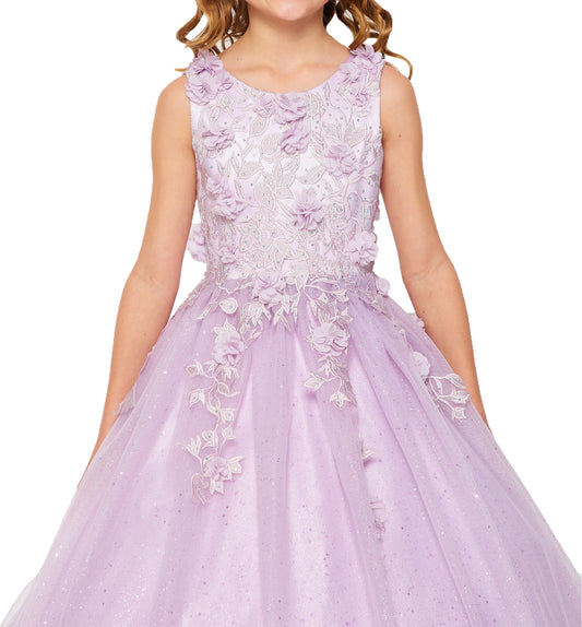 Mini Quince | Lilac 3D Flowers with rhinestones, sparkling shiny tulle floor length dress with spaghetti back | Flower Girl Dress | Mini Quince Dress | Celeste dress | 4 Colors Available front zoom