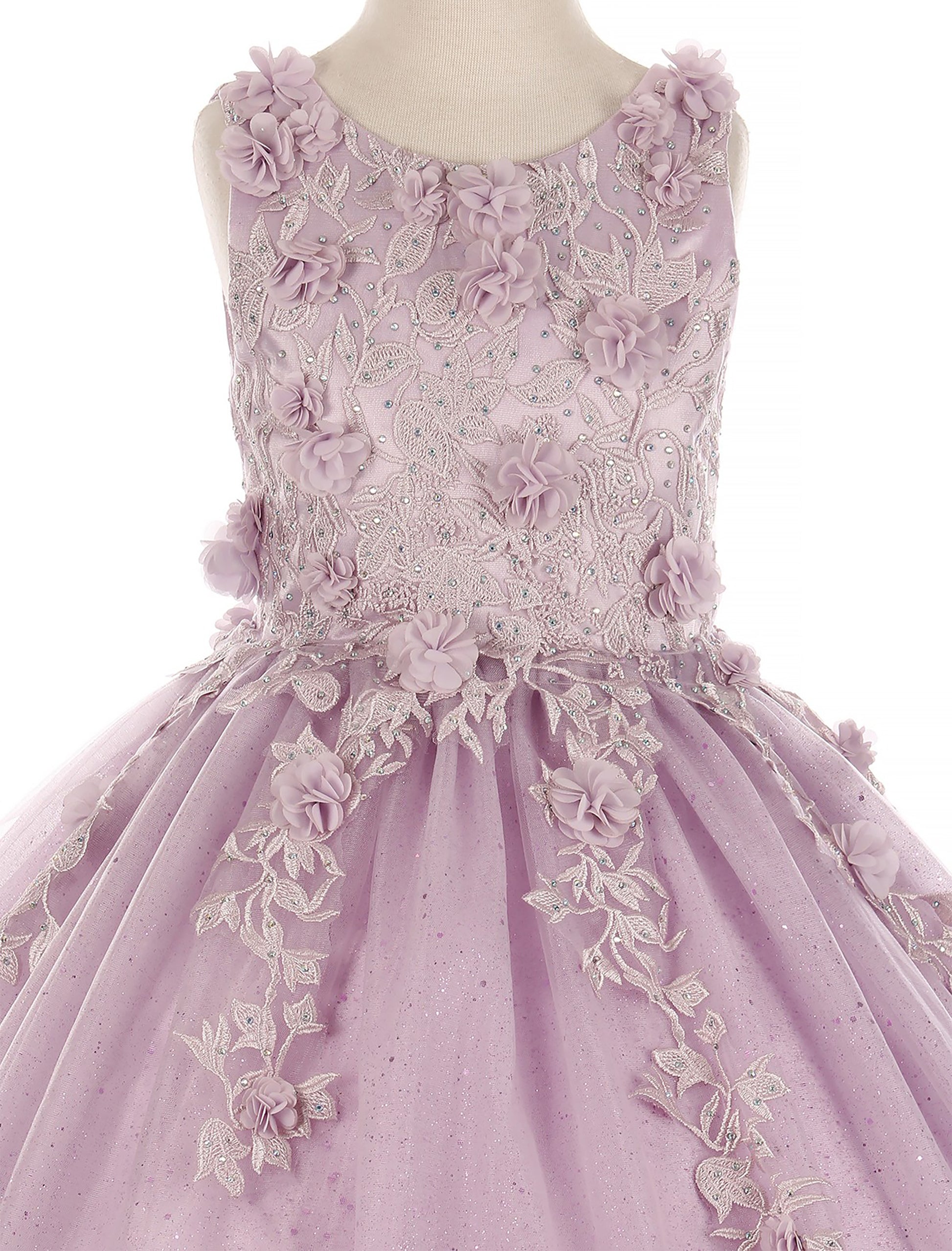 Mini Quince | Lilac 3D Flowers with rhinestones, sparkling shiny tulle floor length dress with spaghetti back | Flower Girl Dress | Mini Quince Dress | Celeste dress | 4 Colors Available front zoom mannequin