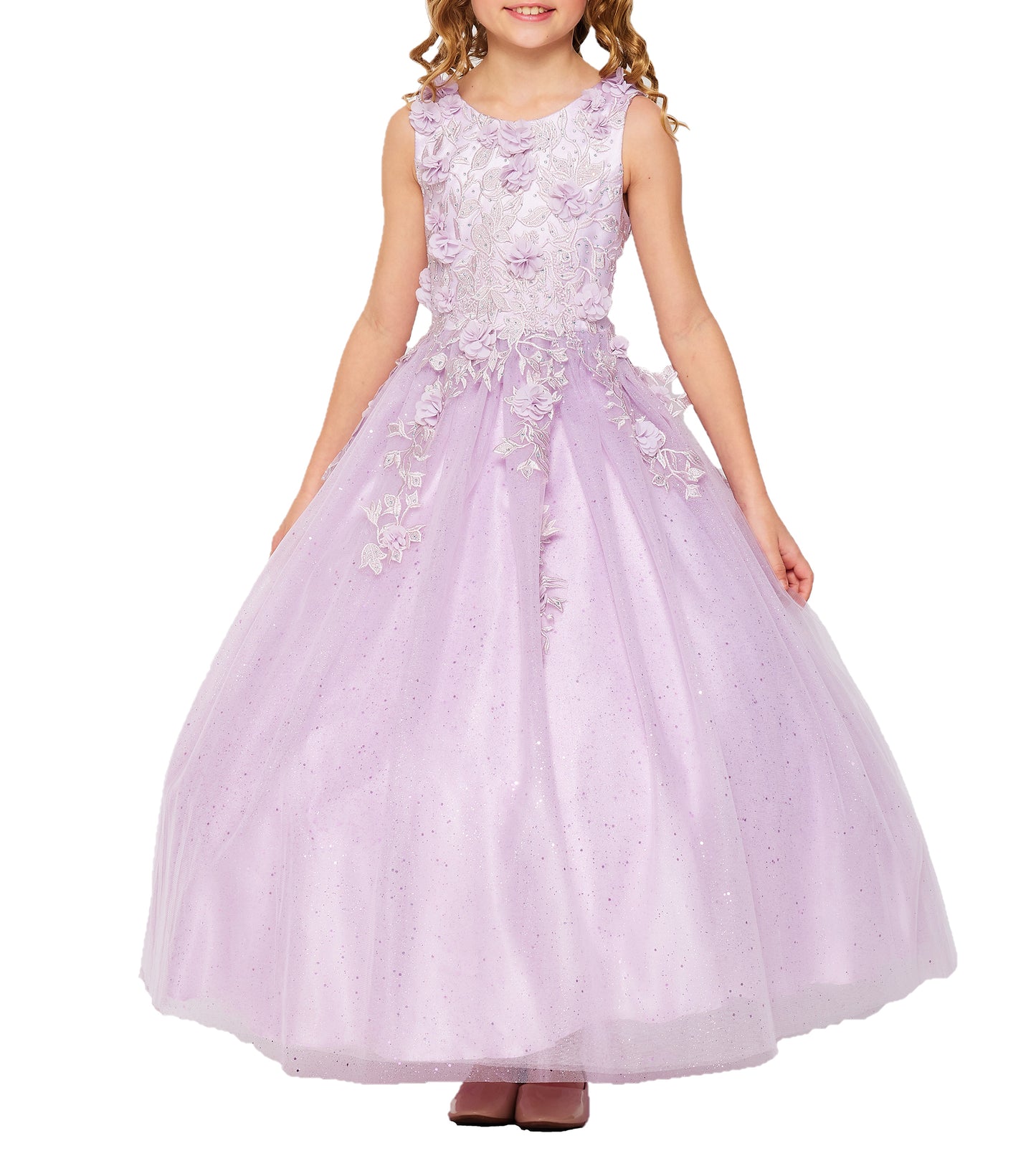 Mini Quince | Lilac 3D Flowers with rhinestones, sparkling shiny tulle floor length dress with spaghetti back | Flower Girl Dress | Mini Quince Dress | Celeste dress | 4 Colors Available front view