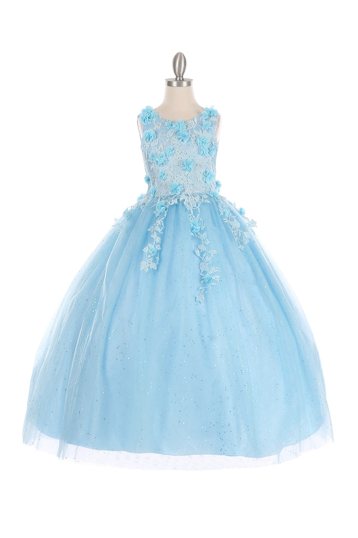 Mini Quince | Sky Blue 3D Flowers, Rhinestones with Shiny Tulle 3 Anos Mini Quinceanera Dress | Celeste dress | 4 Colors Available front whole