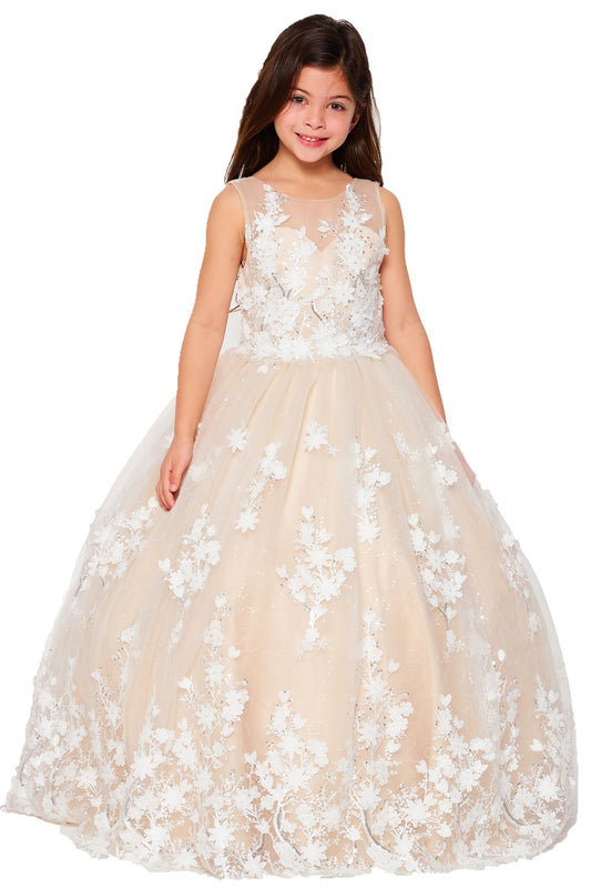 Champagne front view kids mini quinceañera flower girl dress with 3D floral lace applique, sequin skirt and satin tulle fabric. Also suitable as a mini quince dress.