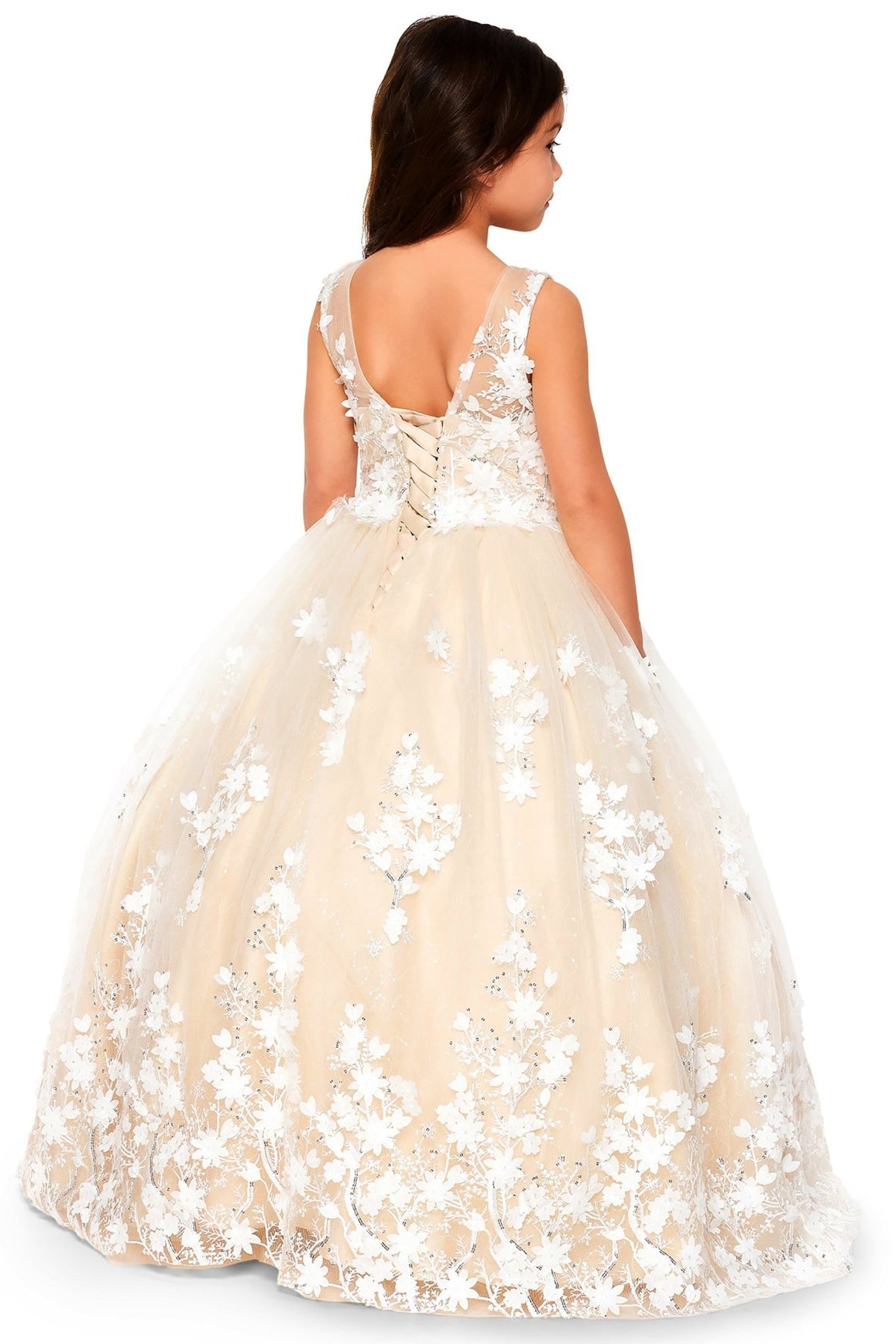 Champagne back view kids mini quinceañera flower girl dress with 3D floral lace applique, sequin skirt and satin tulle fabric. Also suitable as a mini quince dress.