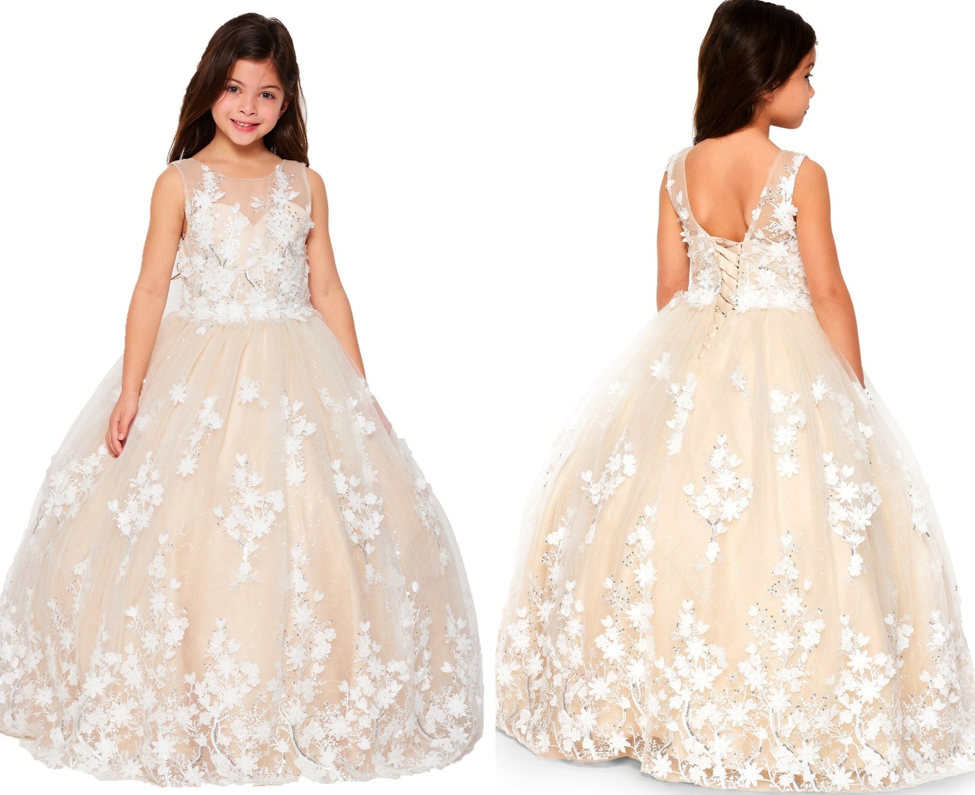 Champagne side view kids mini quinceañera ball gown with 3D floral lace applique, sequin skirt and satin tulle fabric