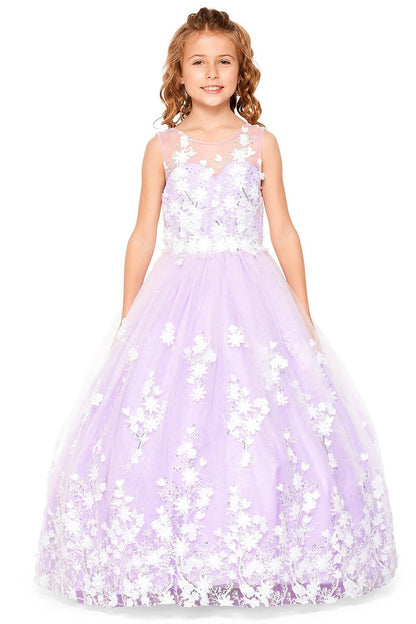 Lilac Kids Dress with 3D Floral Applique Lace and Sequin Skirt, Mini Quince Dress