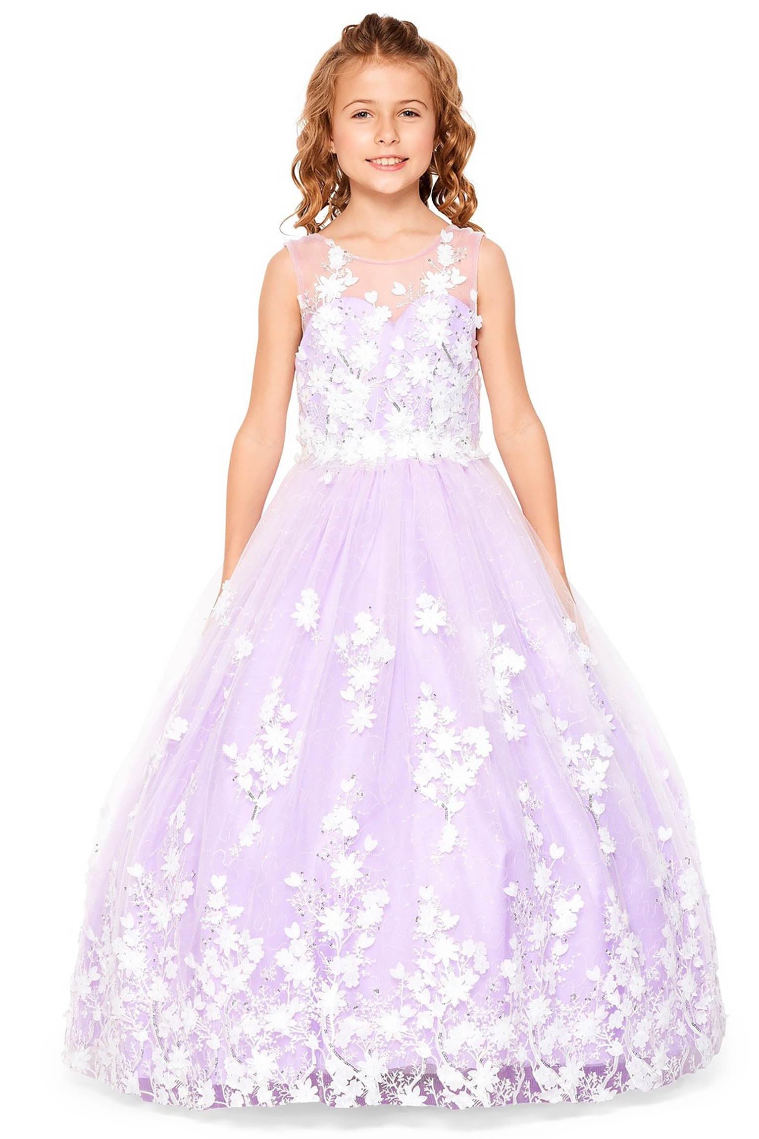 Lilac front view kids mini quinceañera flower girl dress with 3D floral lace applique, sequin skirt and satin tulle fabric. Also suitable as a mini quince dress.