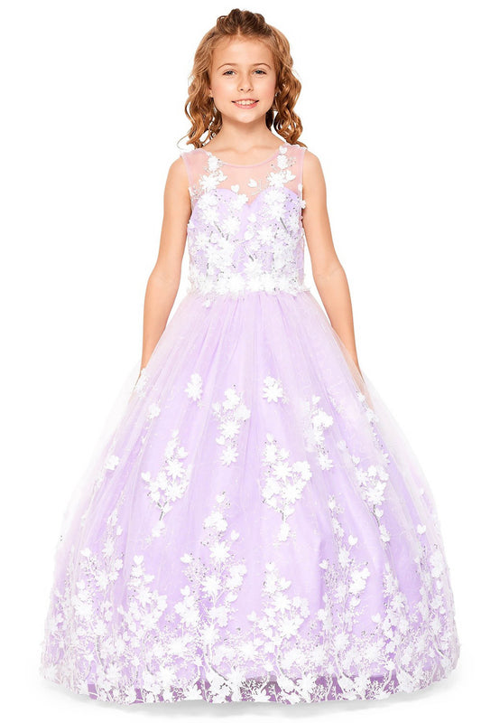 Lilac front view kids mini quinceañera flower girl dress with 3D floral lace applique, sequin skirt and satin tulle fabric. Also suitable as a mini quince dress.