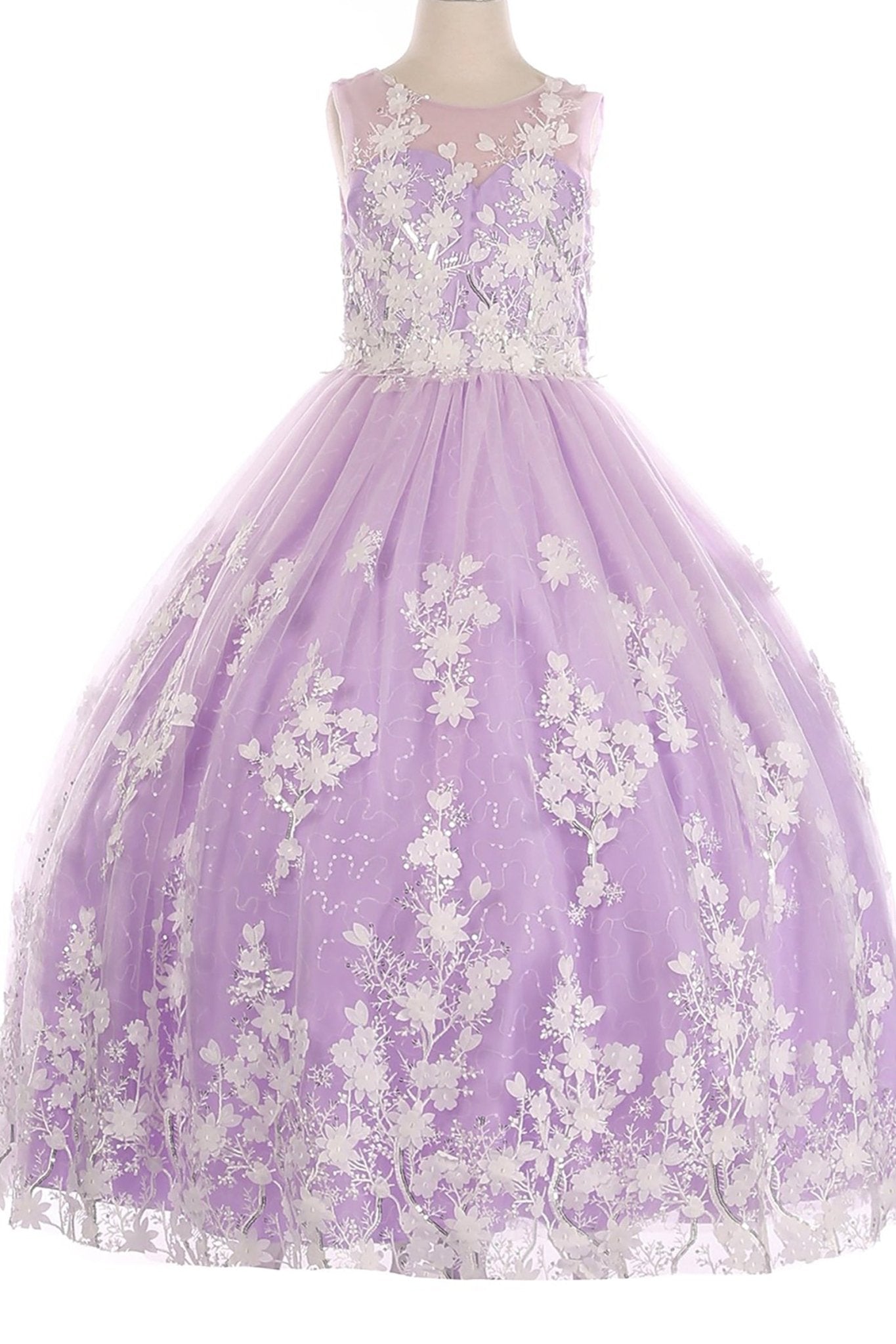 Lilac back view kids mini quinceañera flower girl dress with 3D floral lace applique, sequin skirt and satin tulle fabric. Also suitable as a mini quince dress.