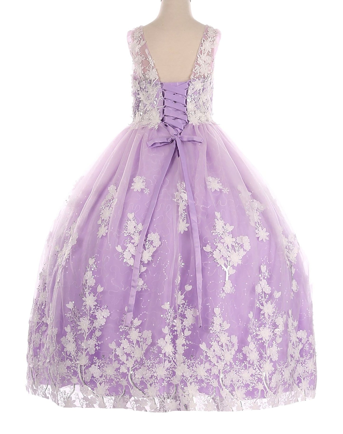 Lilac skirt zoom kids mini quinceañera flower girl dress with 3D floral lace applique, sequin skirt and satin tulle fabric. Also suitable as a mini quince dress.