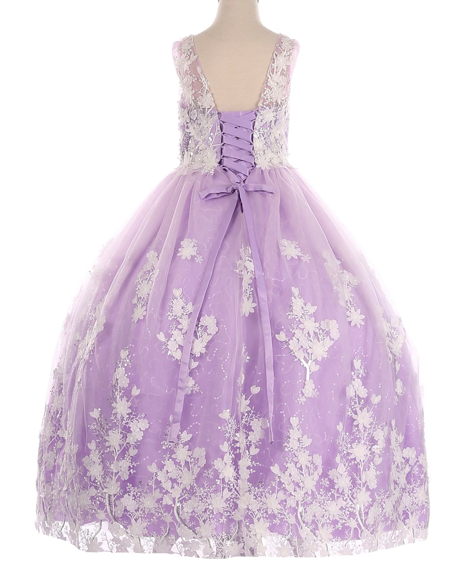 Lilac skirt zoom kids mini quinceañera flower girl dress with 3D floral lace applique, sequin skirt and satin tulle fabric. Also suitable as a mini quince dress.