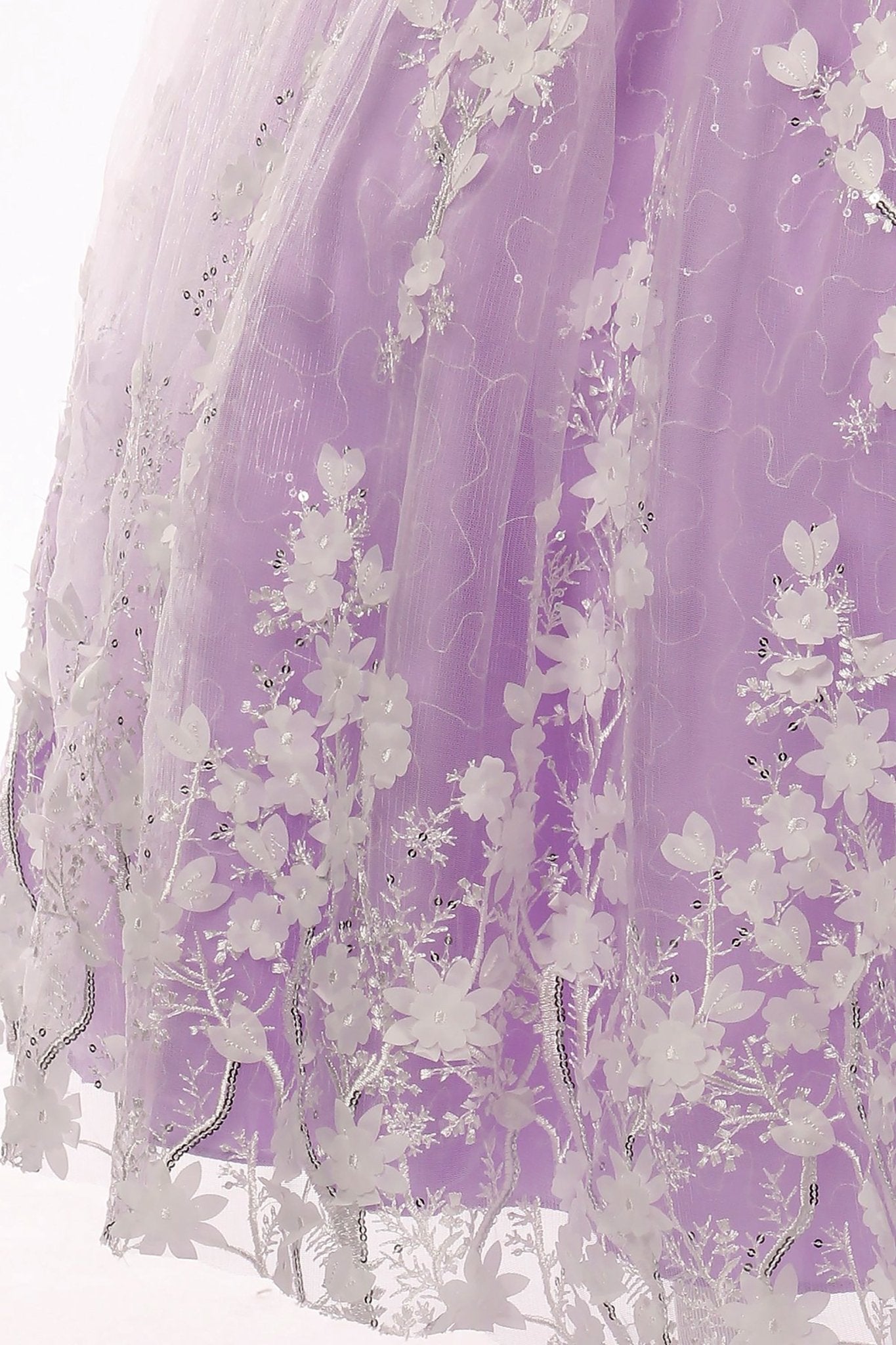Lilac skirt zoom kids mini quinceañera flower girl dress with 3D floral lace applique, sequin skirt and satin tulle fabric. Also suitable as a mini quince dress.