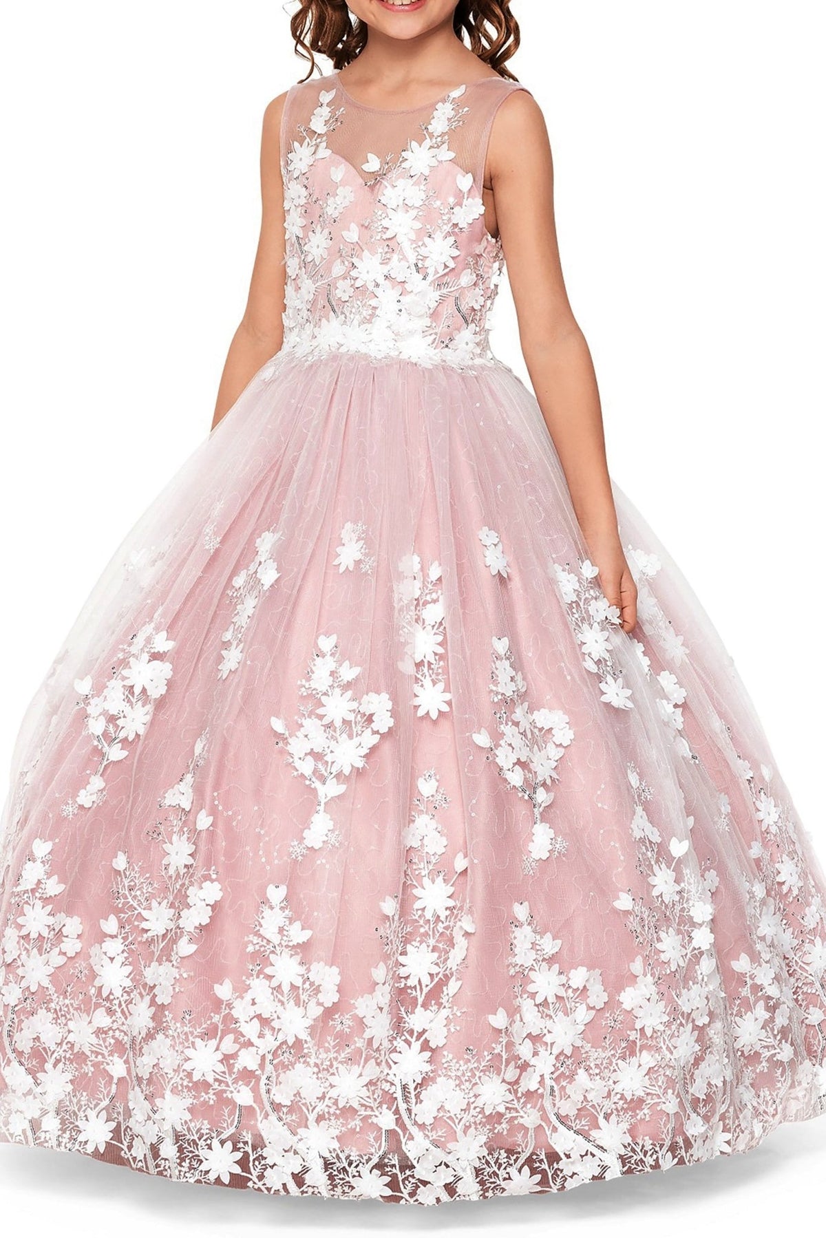 Mauve front view kids mini quinceañera flower girl dress with 3D floral lace applique, sequin skirt and satin tulle fabric. Also suitable as a mini quince dress.