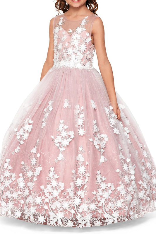 Mauve front view kids mini quinceañera flower girl dress with 3D floral lace applique, sequin skirt and satin tulle fabric. Also suitable as a mini quince dress.