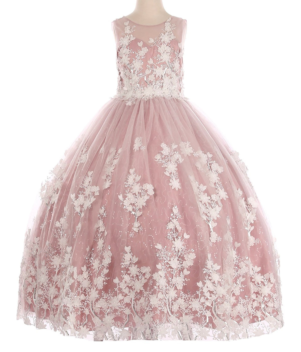 Mauve front view kids mini quinceañera flower girl dress with 3D floral lace applique, sequin skirt and satin tulle fabric. Also suitable as a mini quince dress.