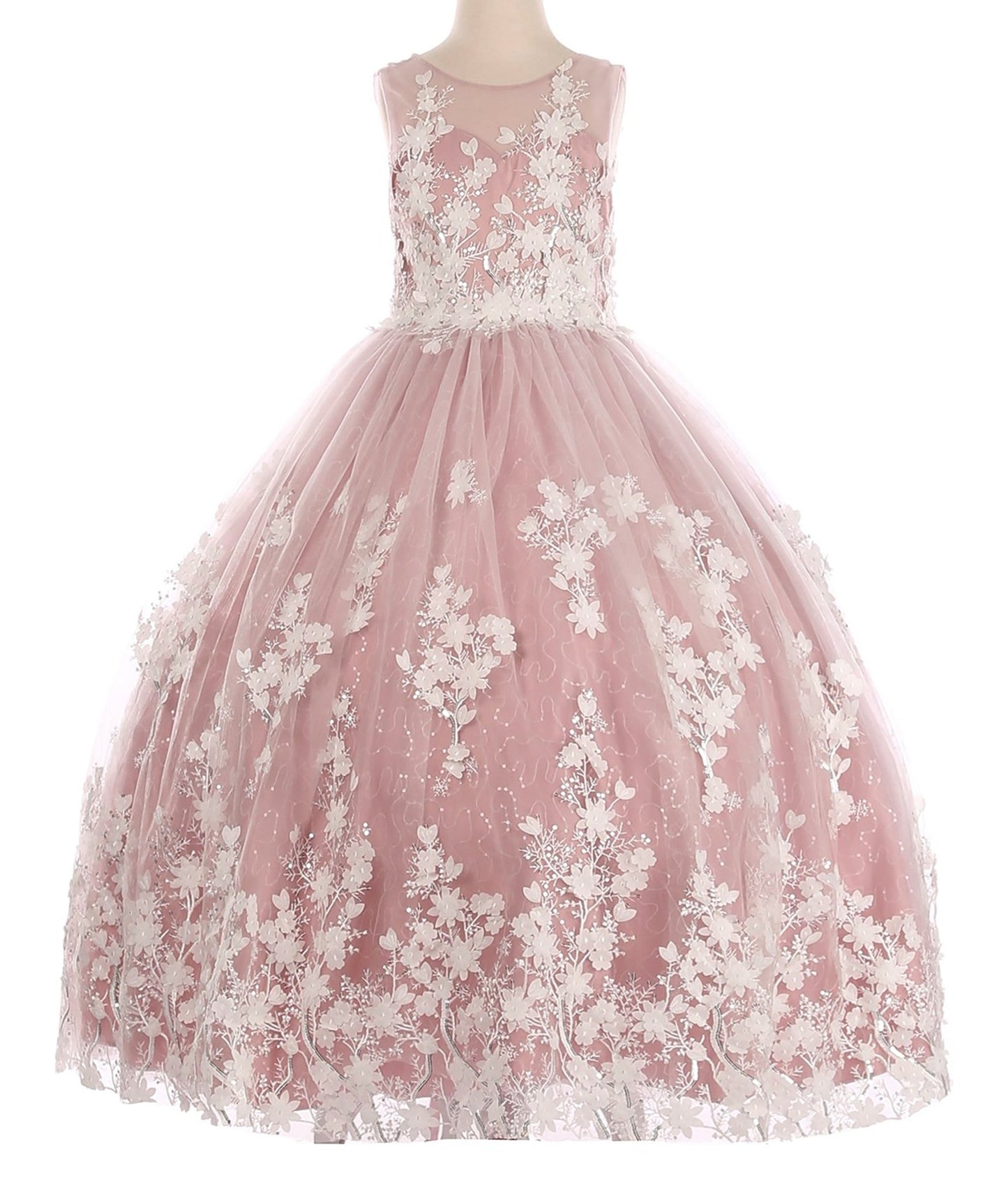 Mauve front view kids mini quinceañera ball gown with 3D floral lace applique, sequin skirt and satin tulle fabric