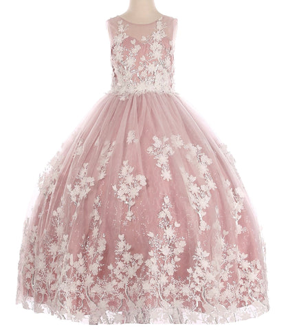 Mauve front view kids mini quinceañera ball gown with 3D floral lace applique, sequin skirt and satin tulle fabric