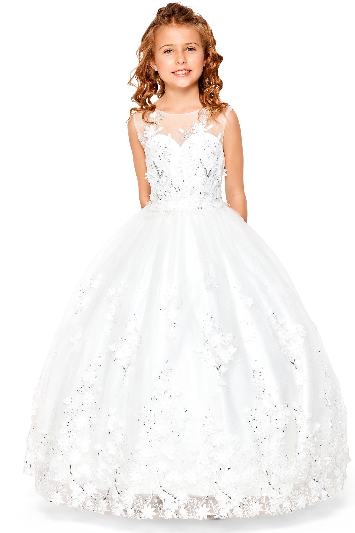 Off-white front view kids mini quinceañera flower girl dress with 3D floral lace applique, sequin skirt and satin tulle fabric. Also suitable as a mini quince dress.