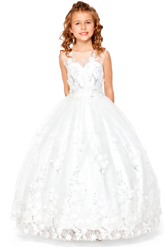 Off-white front view kids mini quinceañera flower girl dress with 3D floral lace applique, sequin skirt and satin tulle fabric. Also suitable as a mini quince dress.