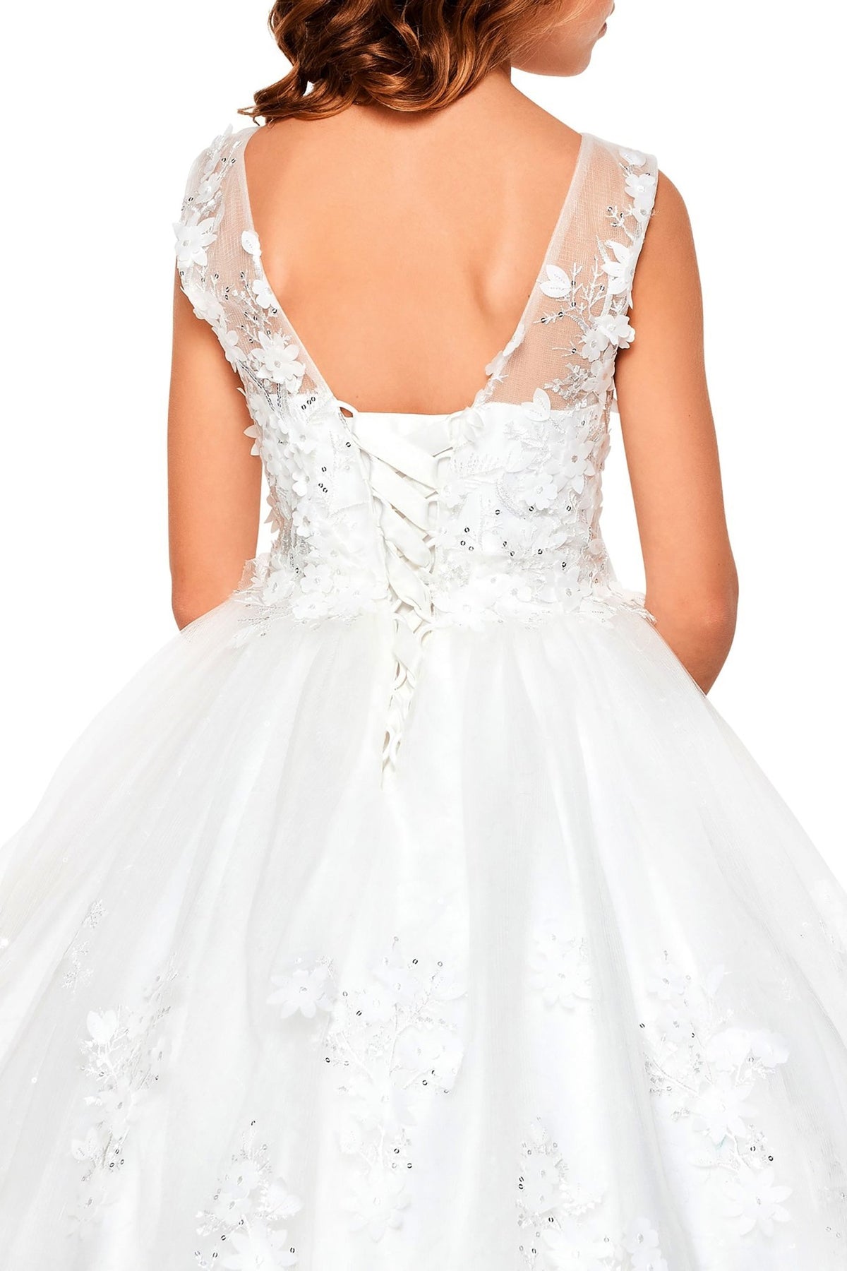 Off-white back zoom kids mini quinceañera flower girl dress with 3D floral lace applique, sequin skirt and satin tulle fabric. Also suitable as a mini quince dress.